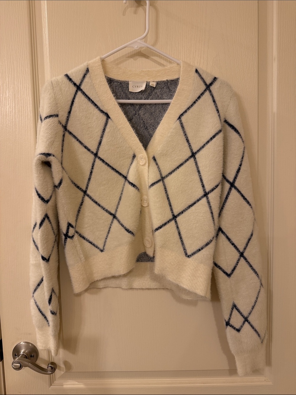 Cyrus Cream Cardigan with Navy Argyle Grid